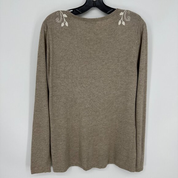 Garnet Hill Floral Embroidered Sweater M Lambswool Cashmere Angora Tan Cream - Picture 2 of 7